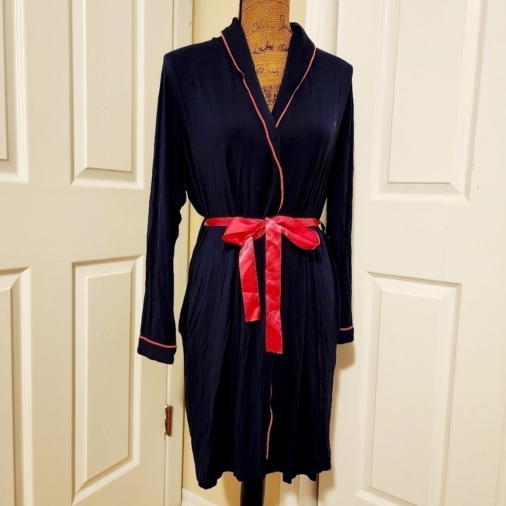 Ekouaer Navy Blue Robe Women's Medium M Pink Satin Ribbon Lounge Sexy Comfort